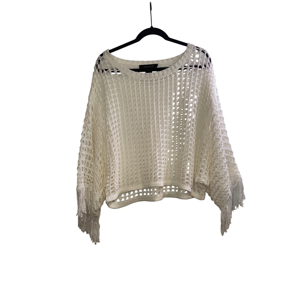 Vtg Y2K Ashley Stewart White Open Knit Crochet Fringe Sweater Boho Hippie 14/16